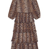 Ganni Leopard Pleated Georgette Flounce Smock Midi Dress