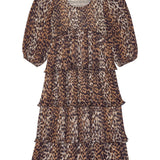 Ganni Leopard Pleated Georgette Flounce Smock Midi Dress