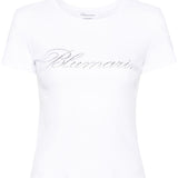 Blumarine White Rhinestone Logo Embellished T Shirt