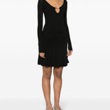 La Mini Robe Pralu by Jacquemus Black Ribbed Knit Gold Tone Logo Plaque Wide Neck Long Sleeve Flared Skirt Thigh Length Dress