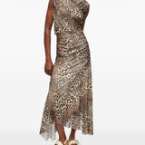 Ganni Leopard Marl Mesh Long Ruched Crossover Dress