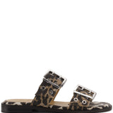 Ganni Leopard Denim Feminine Buckle Two-Strap Sandals