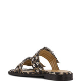 Ganni Leopard Denim Feminine Buckle Two-Strap Sandals