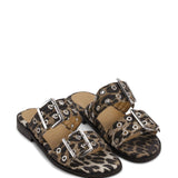 Ganni Leopard Denim Feminine Buckle Two-Strap Sandals