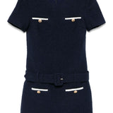 Self-Portrait Navy Belted Tweed Dress