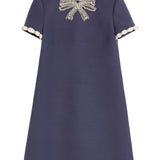 Valentino Navy Embroidered Crepe Couture Dress