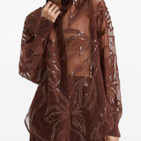 Brunello Cucinelli Brown Floral Embroidery Shirt