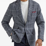 Brunello Cucinelli Deconstructed Cavallo jacket in Prince of Wales overcheck alpaca and wool with metal buttons