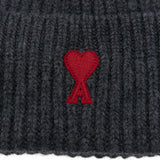 Ami Paris Charcoal Ribbed Knitwear Embroidered Beanie