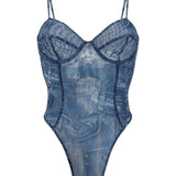 Diesel Blue Patterned Shoulder Silhouette Bodysuit