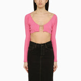 Jacquemus Pink Cropped RibbedTexture Cardigan Front Logo