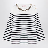 Valentino Ivory Navy Striped Embroidered Crew Neck Shirt