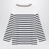 Valentino Ivory Navy Striped Embroidered Crew Neck Shirt