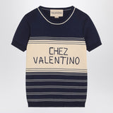 Blue ribbed top with Chez Valentino embroidery
