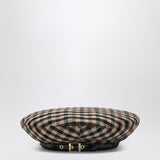 Ganni Brown Checker Beret Leather Buckled Detailing