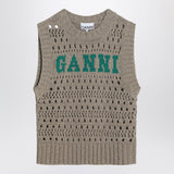 GANNI Grey Perforated Round-Neckline Gilet LogoInlay