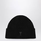 Ami Paris DeepBlackRibbedKnit Hat Patch EditionDetails